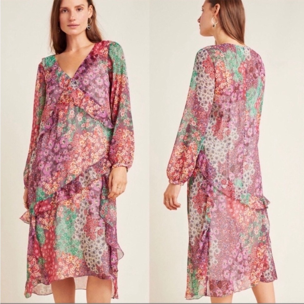 Anthropologie Maeve Sirena midi Dress Sz Large. Semisheer flowy boho colorful